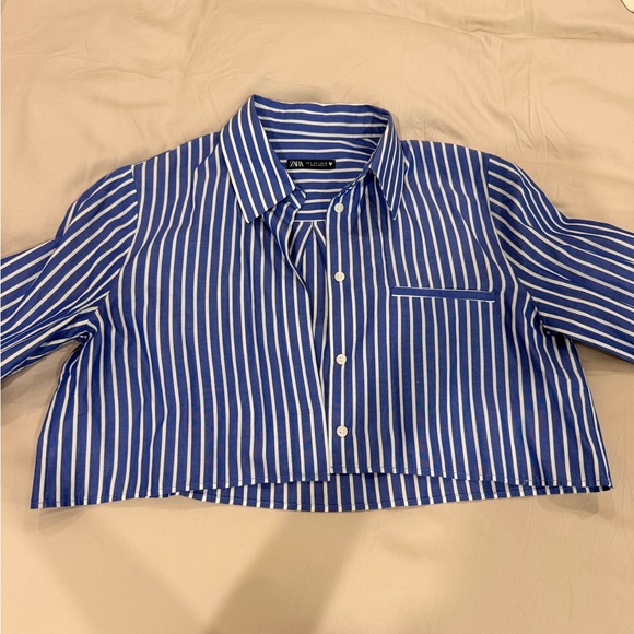 Blue Striped Cropped Button Down - Picture 2 of 3